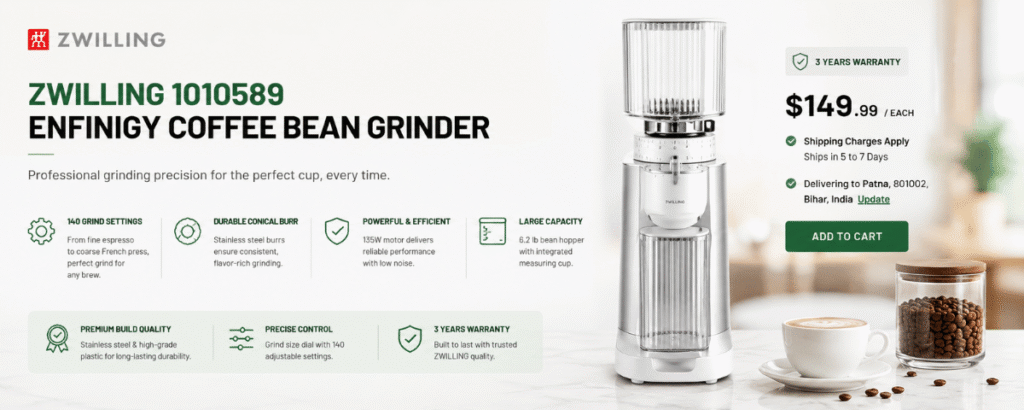 Zwilling 1010589 Enfinigy Coffee Bean Grinder, Silver Banner Image