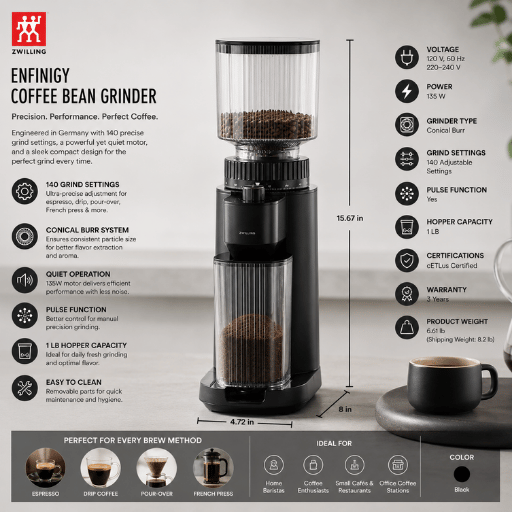 Zwilling 1010590 Enfinigy Coffee Bean Grinder, Black
