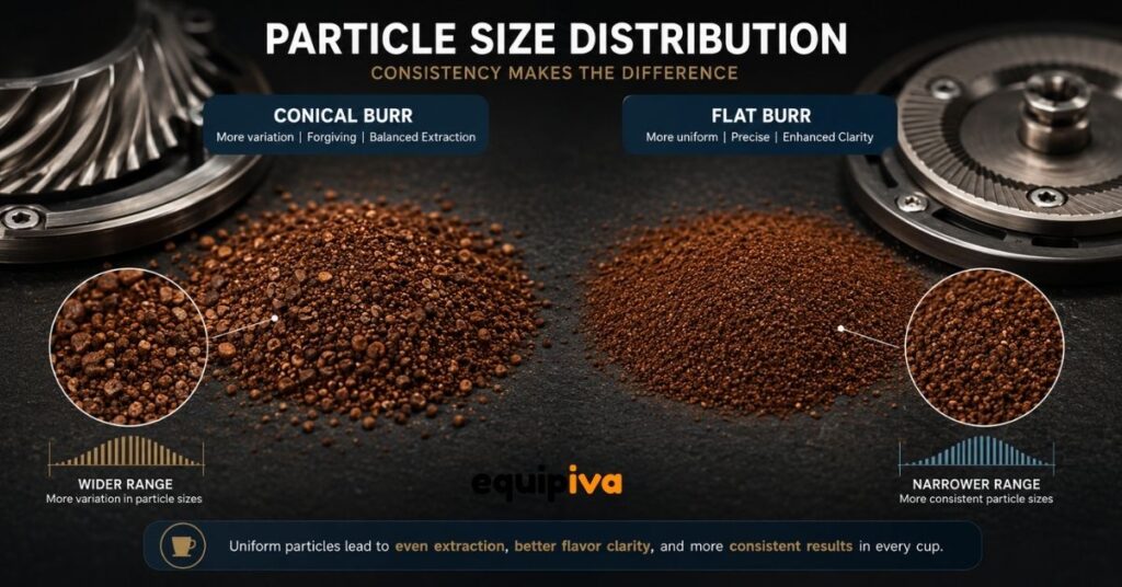 Coffee particle size distribution comparison between conical and flat burr grinders