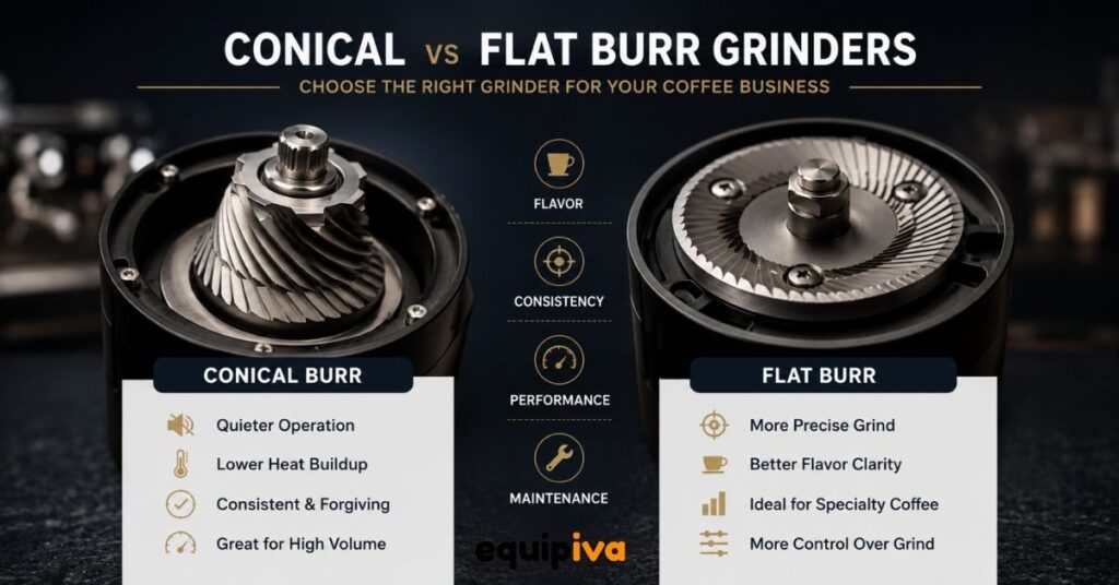 Infographic comparing conical burr and flat burr coffee grinders for commercial espresso and specialty coffee use