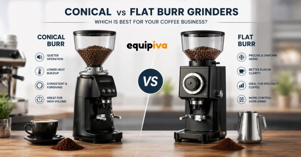Side-by-side comparison of conical and flat burr coffee grinders for commercial espresso and café applications