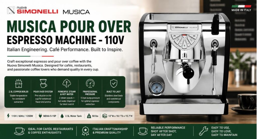 Nuova Simonelli Musica Pour Over espresso machine banner for cafés restaurants and coffee bar setups
