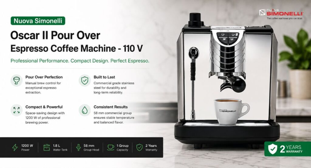 Nuova Simonelli Oscar II 1200W commercial espresso coffee machine promotional banner with professional features and specifications